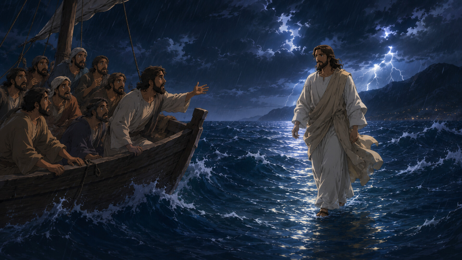 Jesus walks out to the disciples on the water